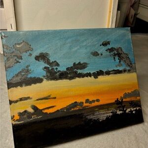 Vibrant Blue and Orange Sunset Landscape Painting